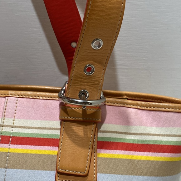 COACH (#4435) Multicolored Striped Fabric/ Tan Leather Shoulder/ Tote Bag - Picture 2 of 16